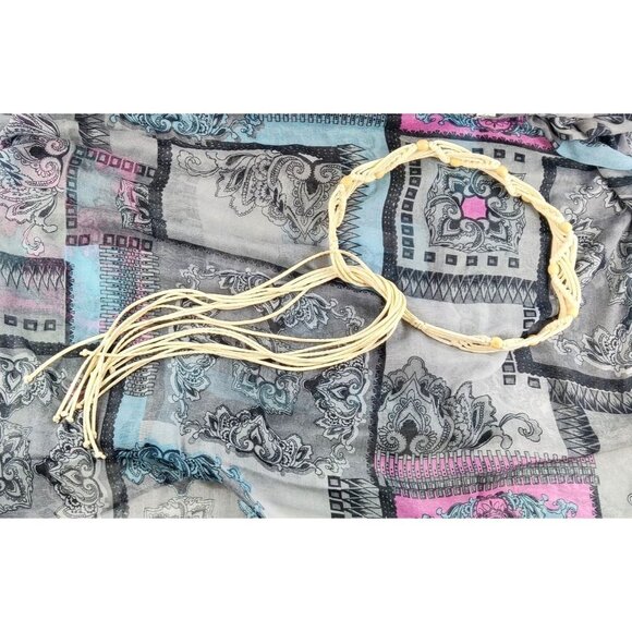 Macramé Belt Cream Synthetic Cloth Cord Wood Beads Boho Hippie Spring Weave - Picture 1 of 9